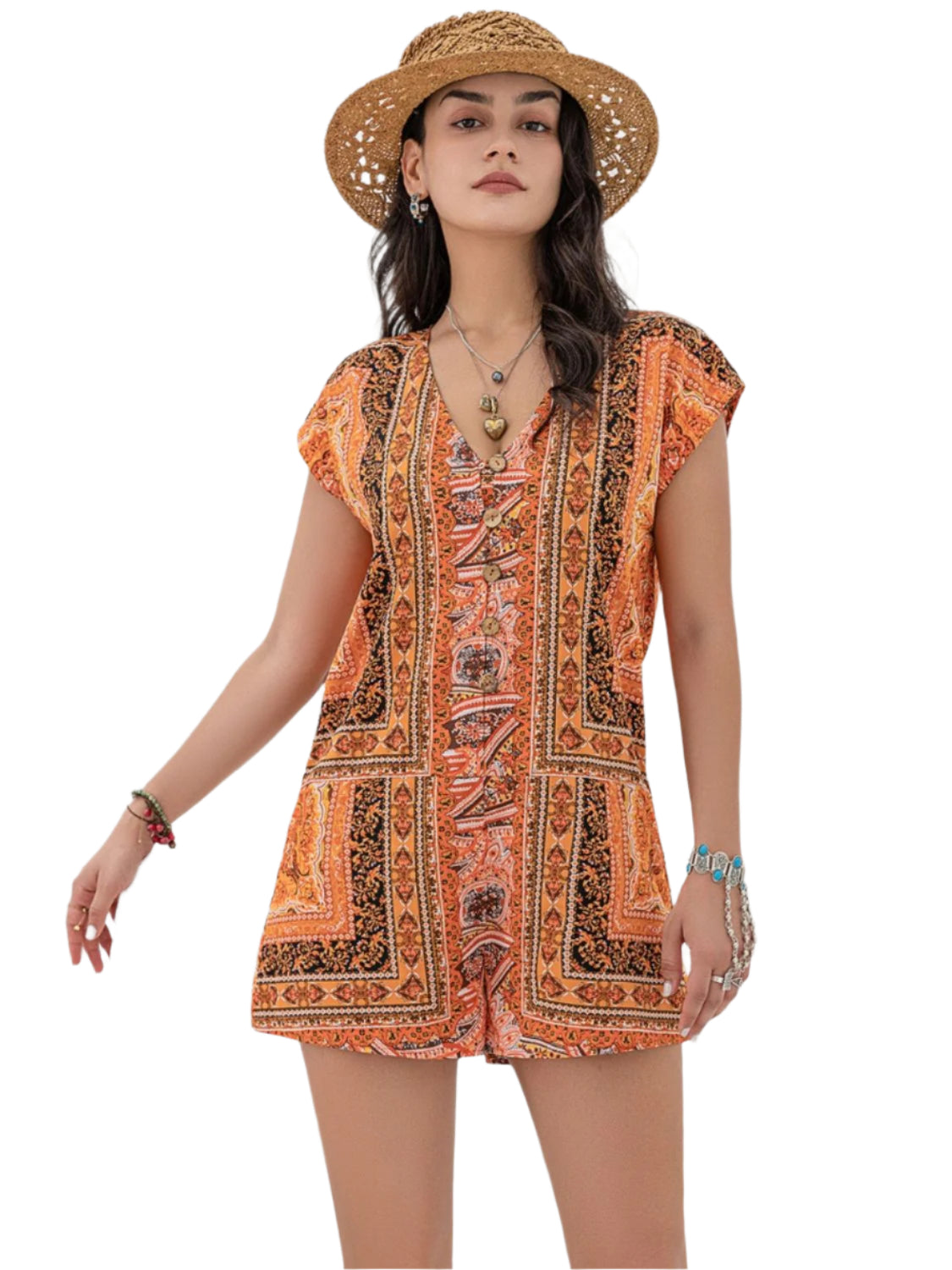 Printed V-Neck Cap Sleeve Romper