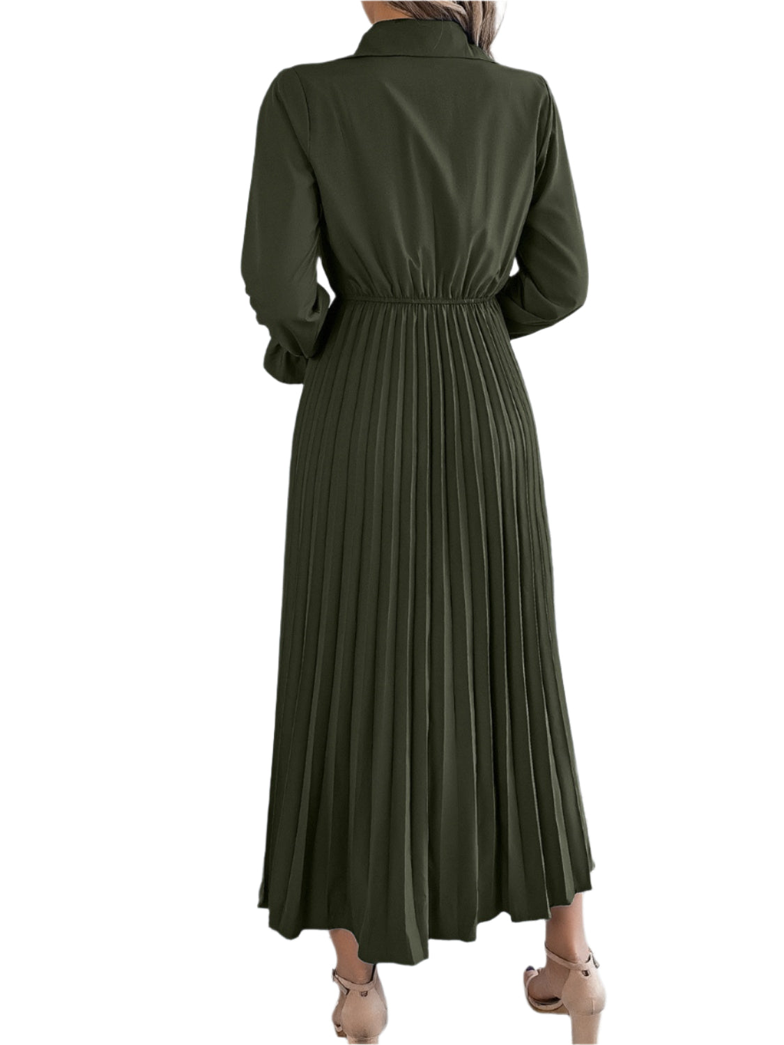 Pleated Half Button Long Sleeve Midi Dress