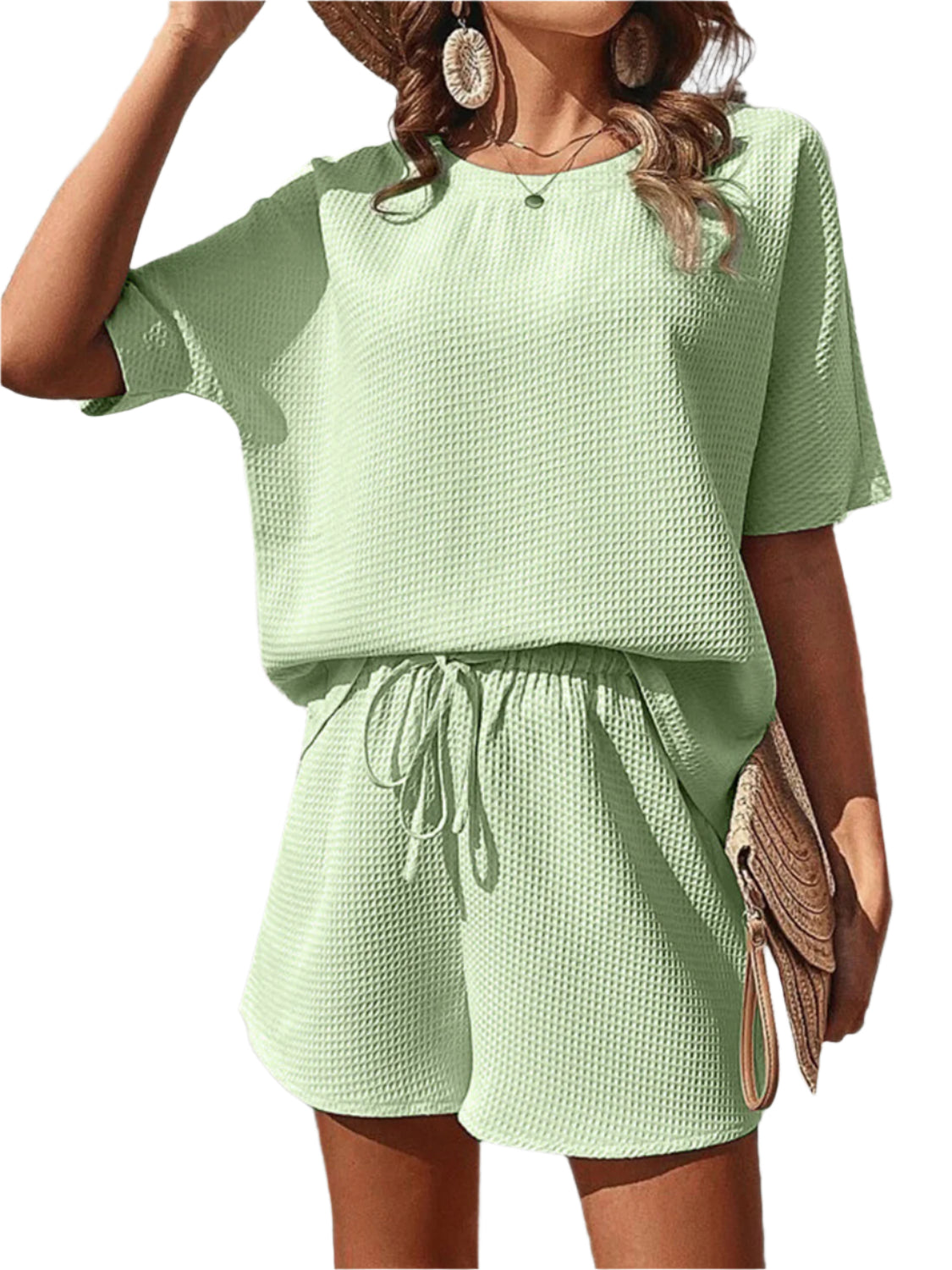 Waffle-Knit Half Sleeve Top and Shorts Set