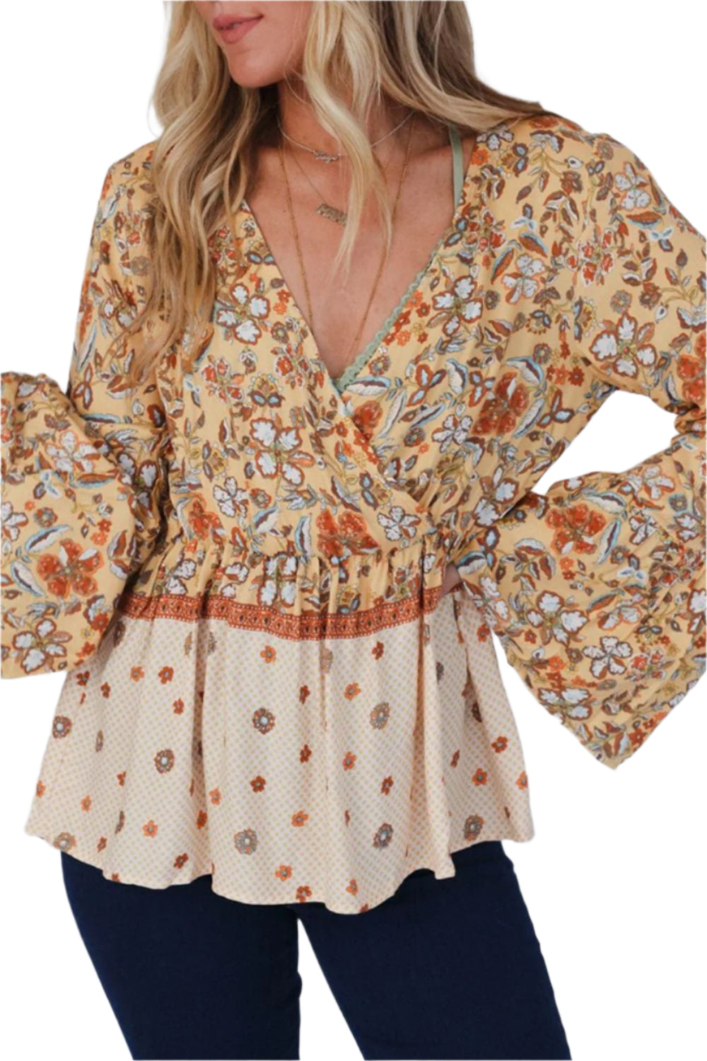 Peplum Printed Surplice Flare Sleeve Blouse