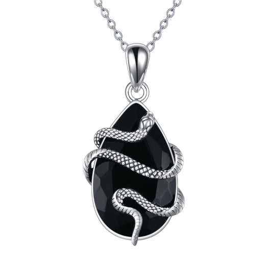 Black Tourmaline Crystal Teardrop Snake Wrapped 925 Sterling Silver Necklace