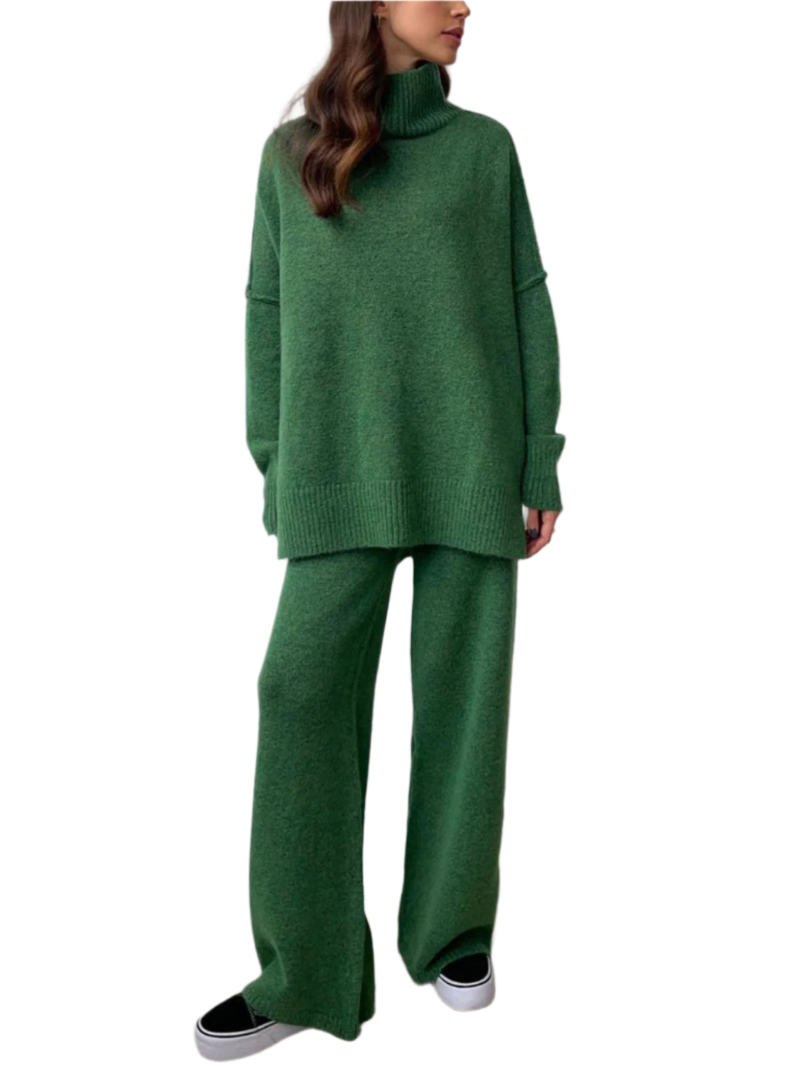 Slit Turtleneck Long Sleeve Top and Pants Sweater Set