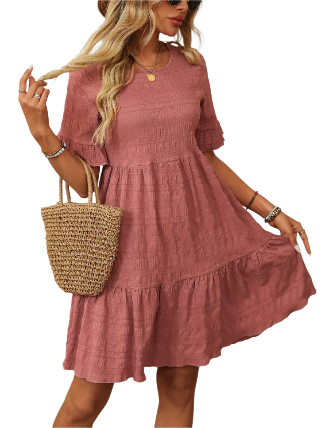 Mandy Ruffled Ruched Round Neck Half Sleeve Dress