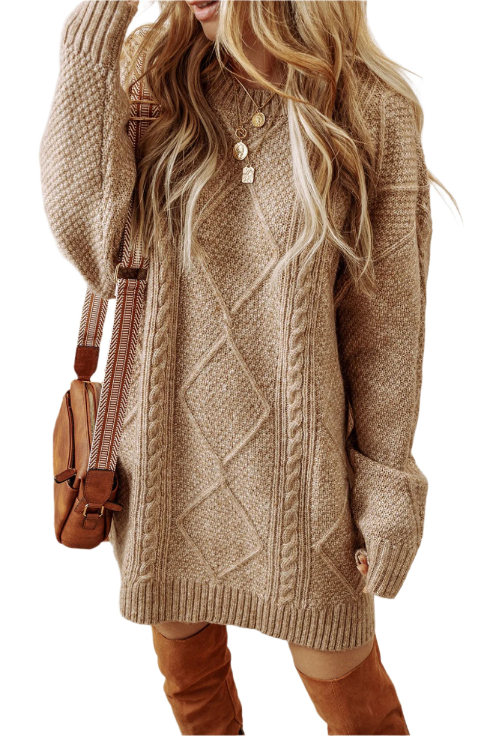 Cable-Knit Round Neck Sweater Dress