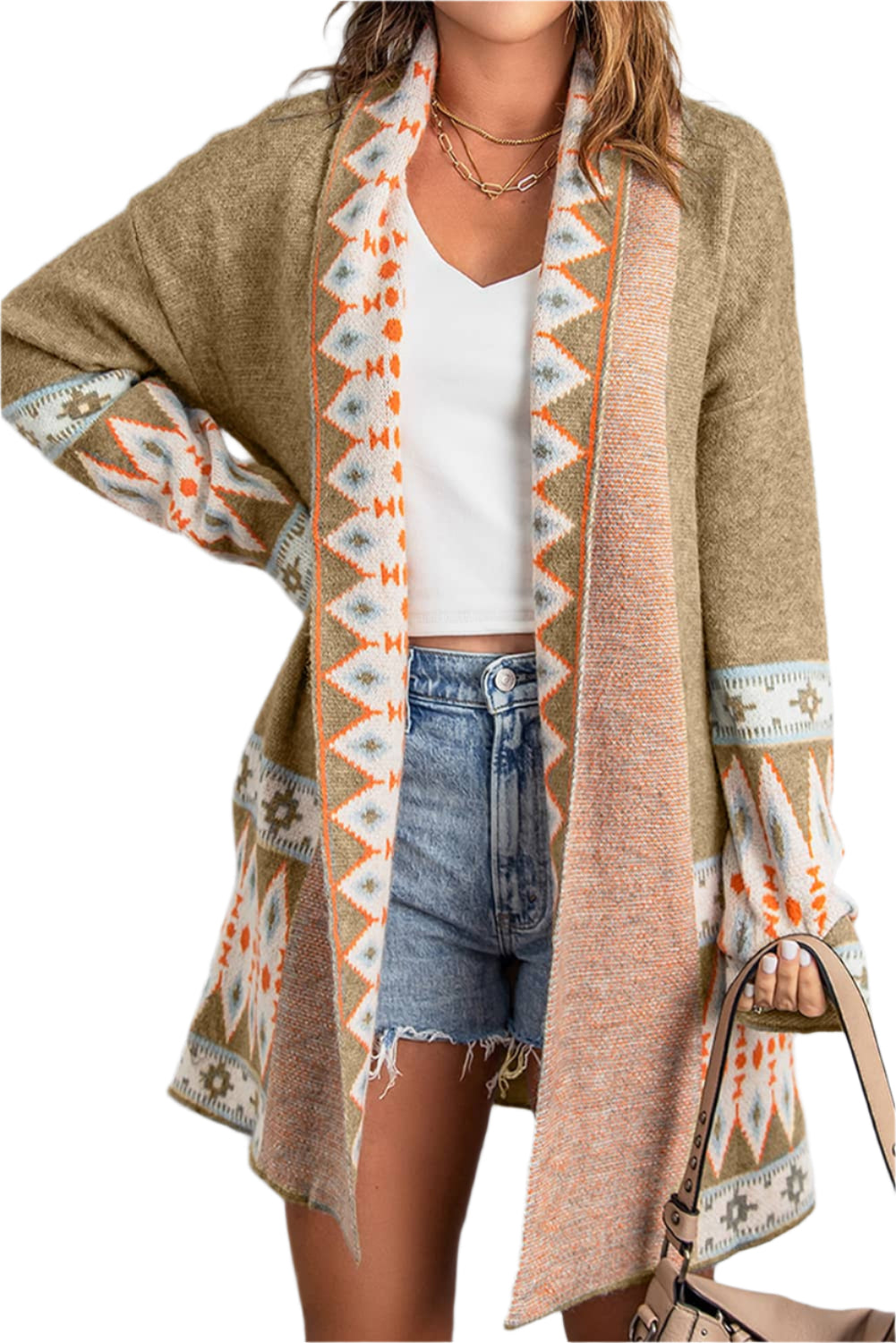 Geometric Open Front Long Sleeve Cardigan