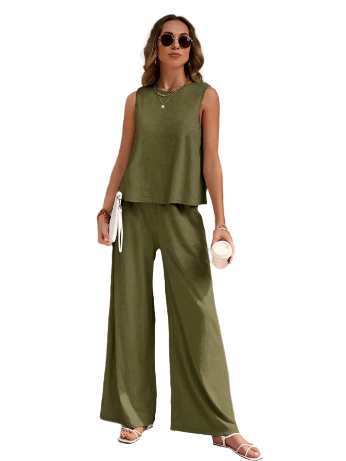 Round Neck Sleeveless Top and Wide Leg Pants Set