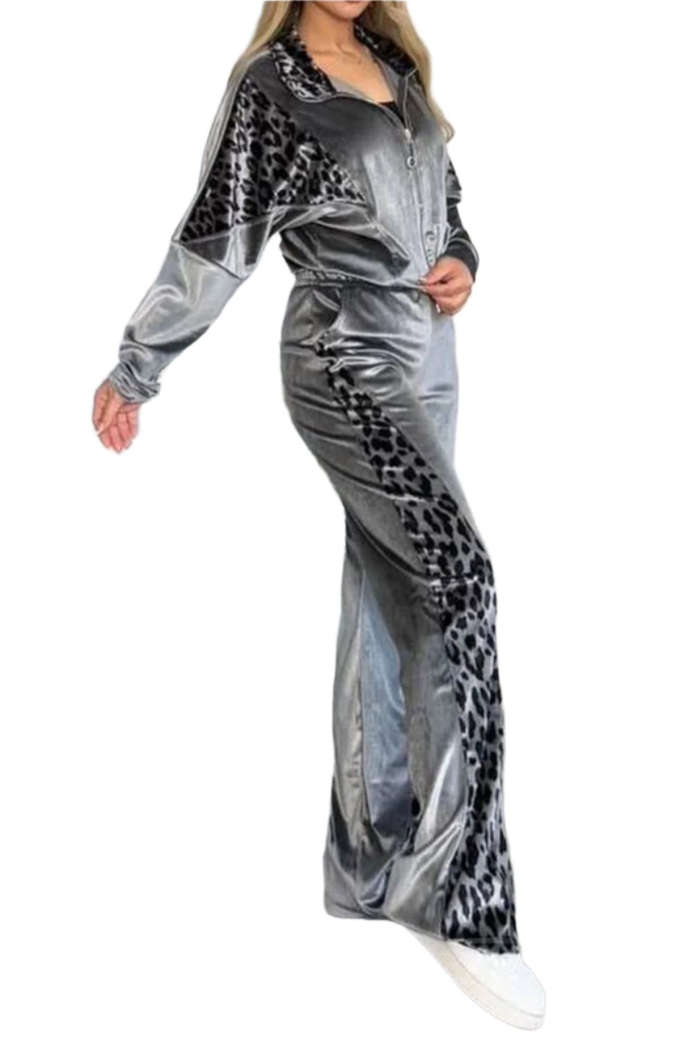 Full Size Collared Neck Leopard Zip Up Top and Pants Set Plus Size