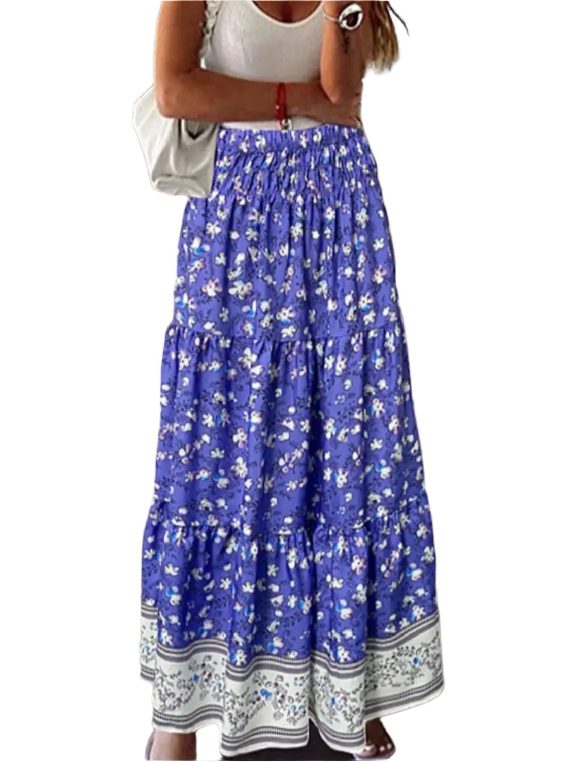 Full Size Tiered Printed Elastic Waist Skirt