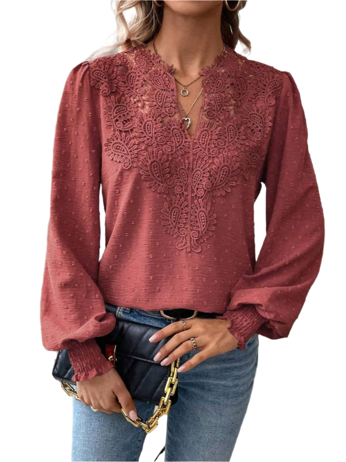 Swiss Dot Lace Detail Notched Long Sleeve Blouse