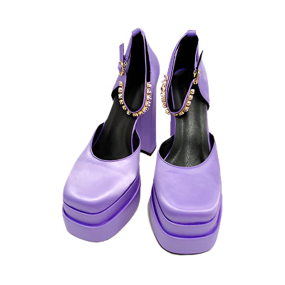 Satin Square Toe Rhinestone with Sheepskin Platform Heels