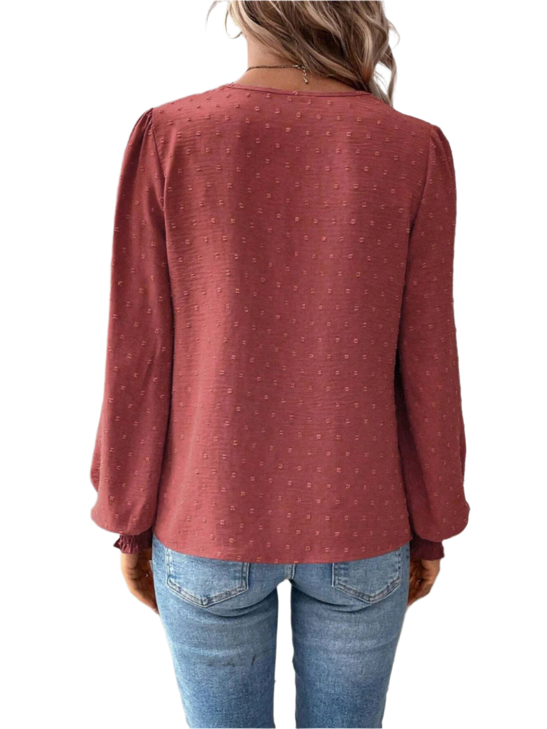Swiss Dot Lace Detail Notched Long Sleeve Blouse