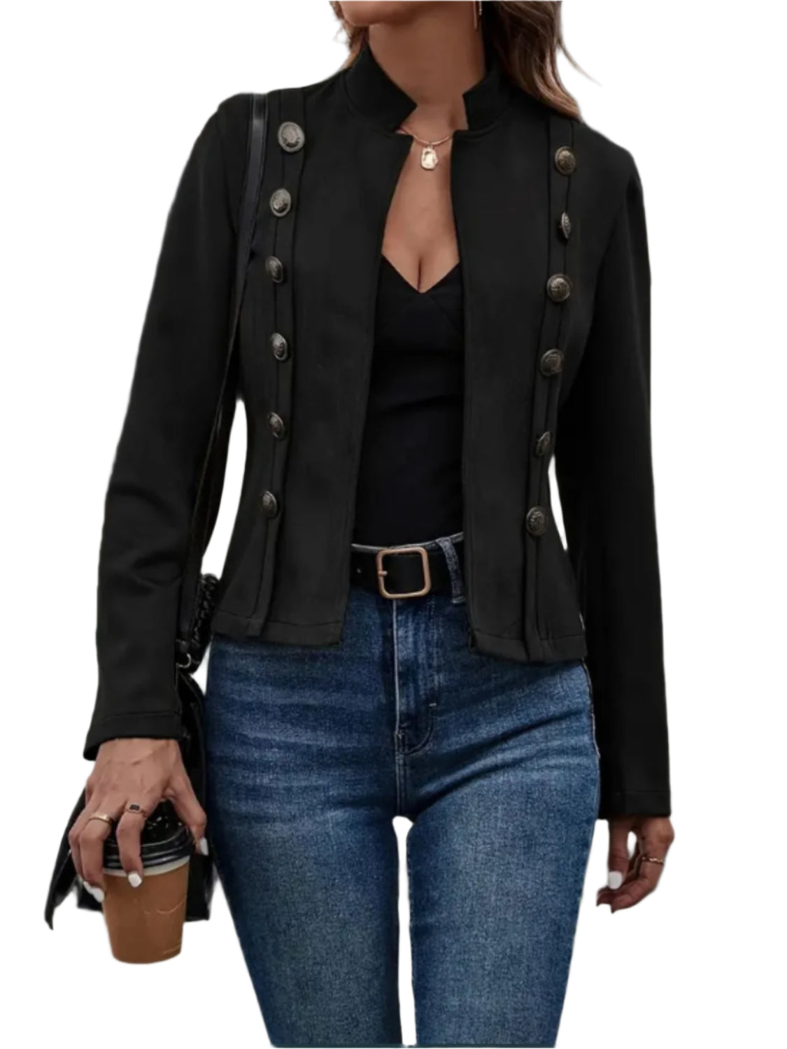 Decorative Button Open Front Long Sleeve Jacket