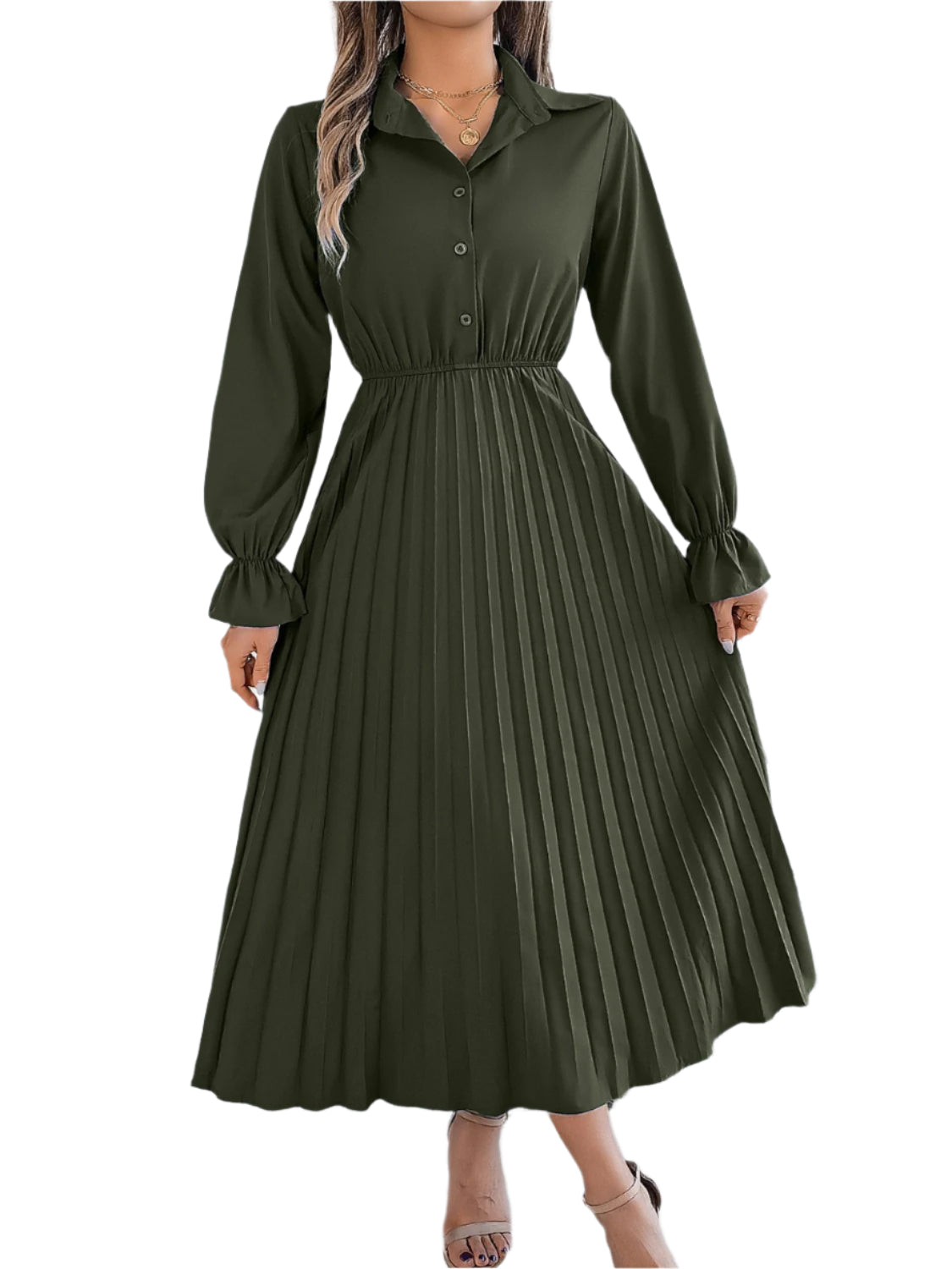 Pleated Half Button Long Sleeve Midi Dress