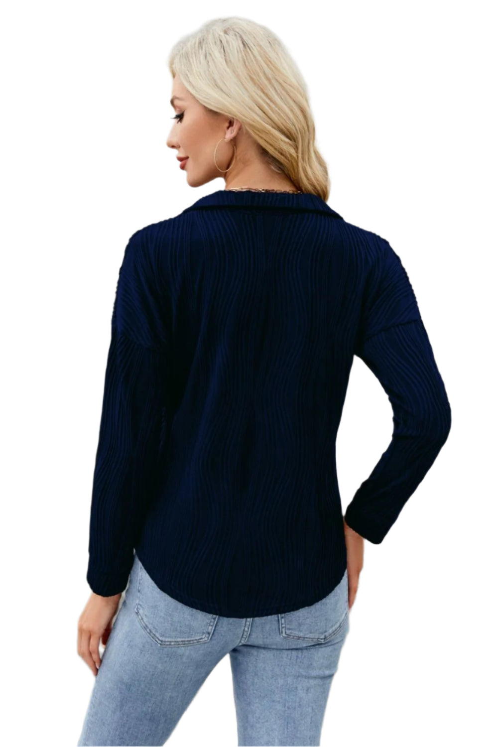 Texture Collared Neck Long Sleeve Blouse