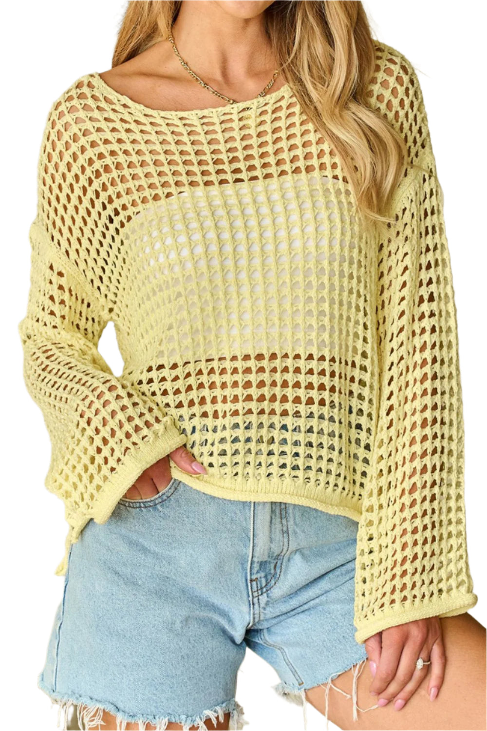 Openwork Round Neck Dropped Shoulder Knit Cover Up
