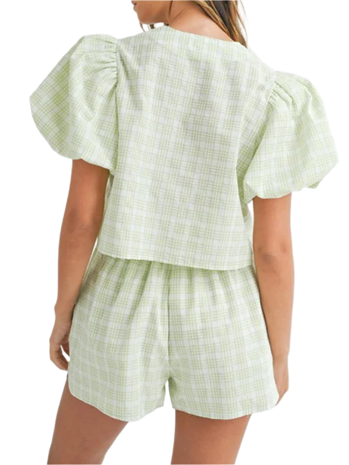 V-Neck Puff Sleeve Top and Shorts Set