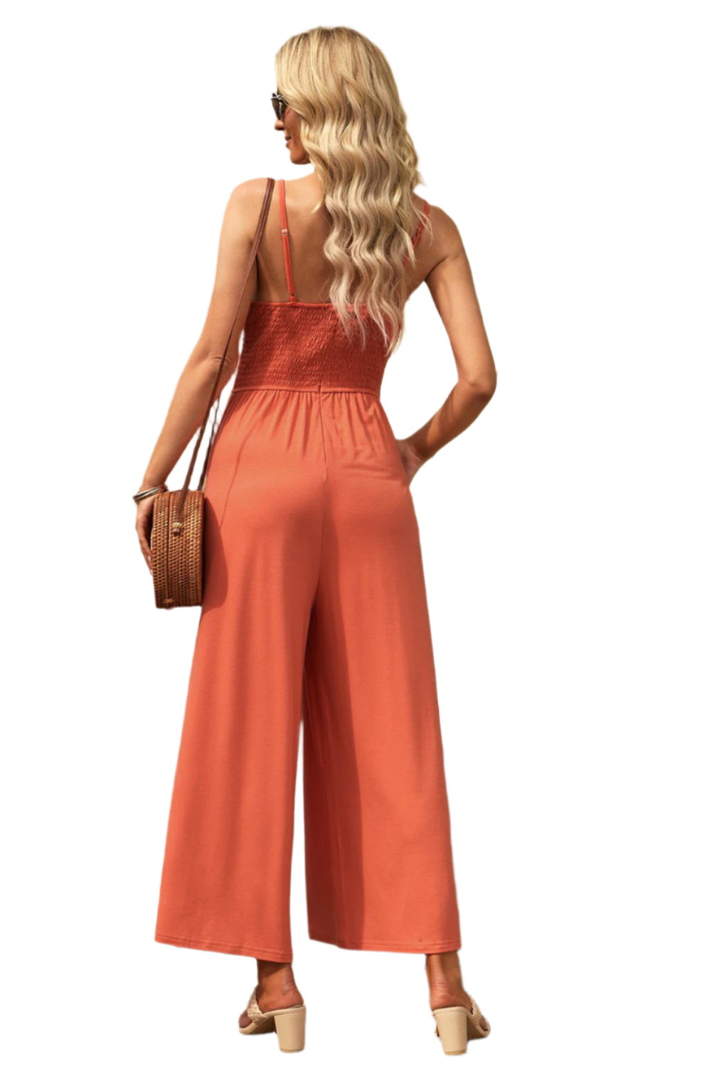 Smocked Spaghetti Strap Wide Leg Jumpsuit