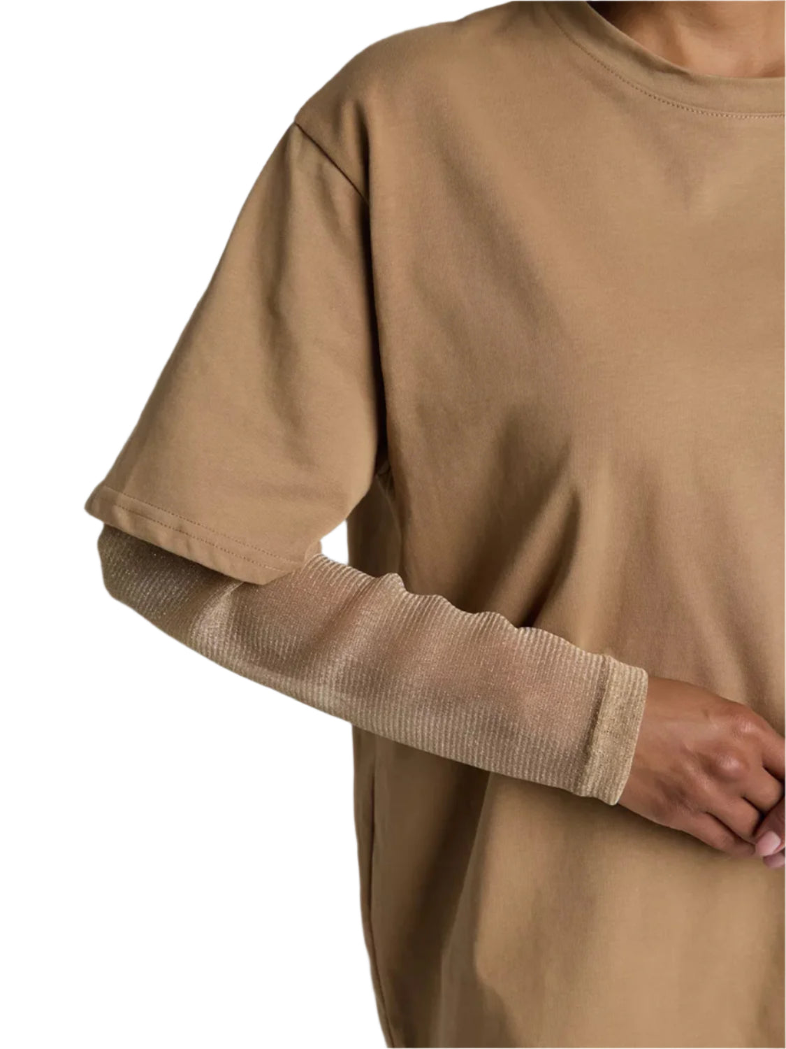 Faux Layered Round Neck Mesh Sleeve Top