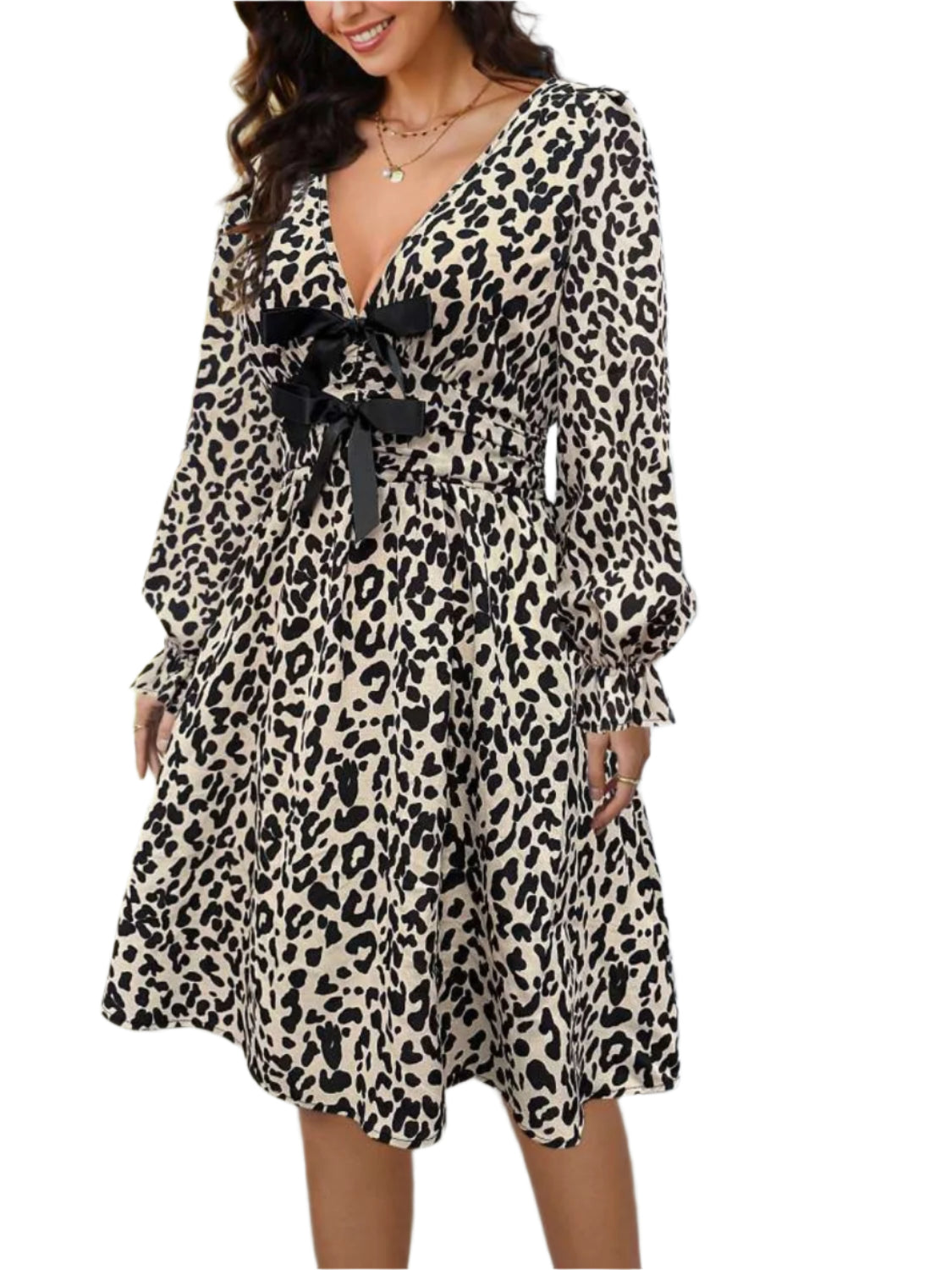 Leopard V-Neck Flounce Sleeve Dress