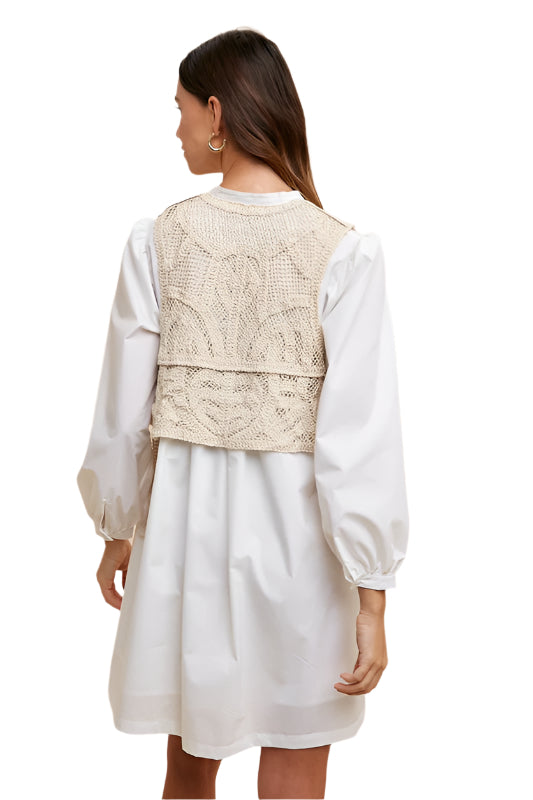 Annie Wear Crochet Vest Notched Long Sleeve Shirt Dress