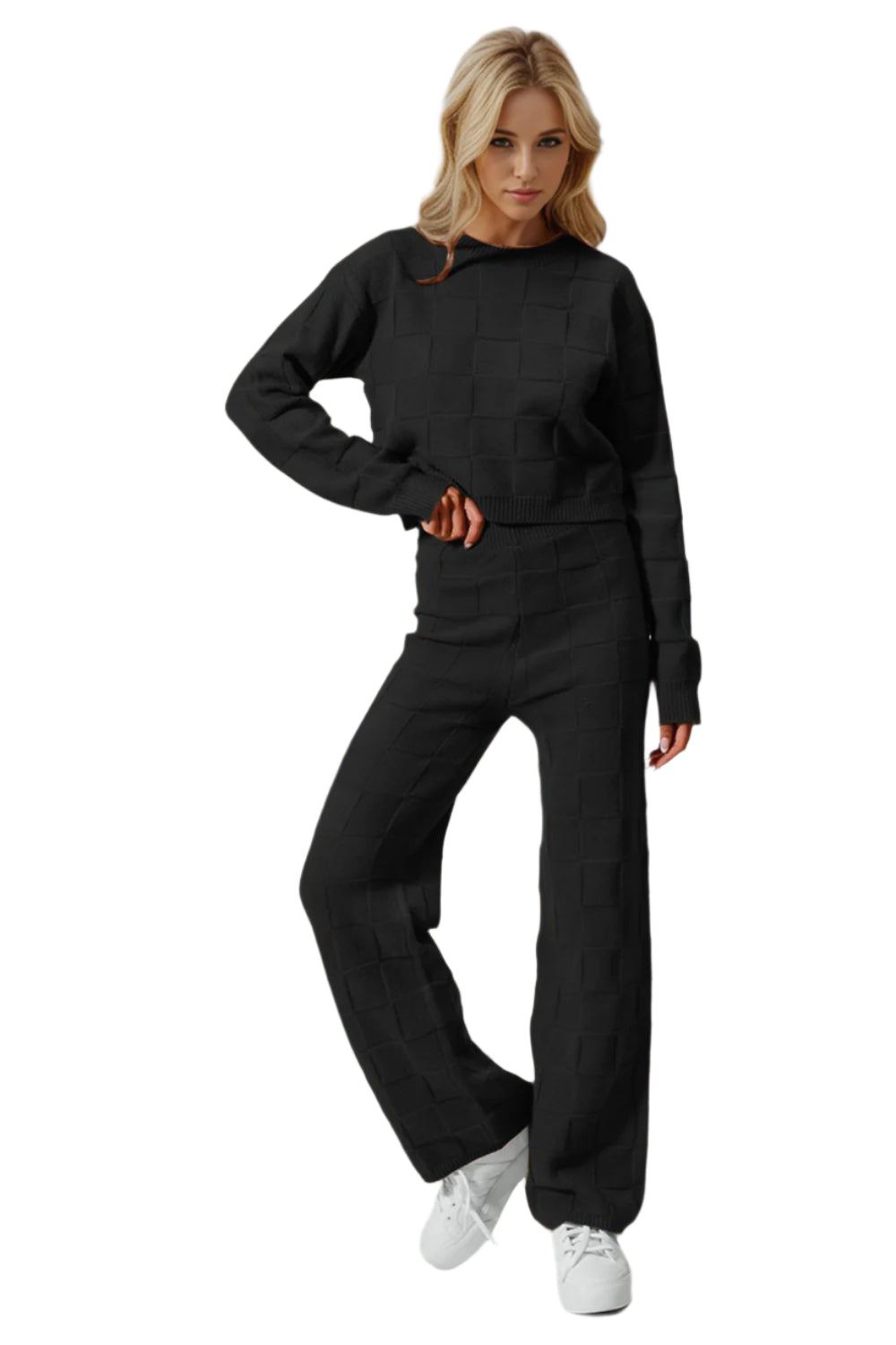 Double Take Full Size Checkered Round Neck Top and Pants Set