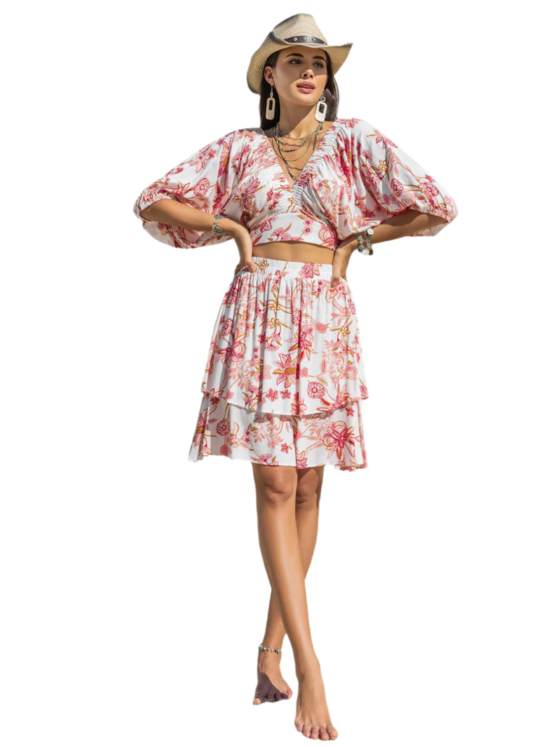 Printed Half Sleeve Top and Layered Skirt Set