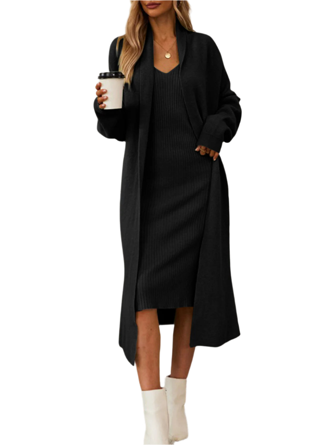 V-Neck Cami Dress and Open Front Cardigan Sweater Set