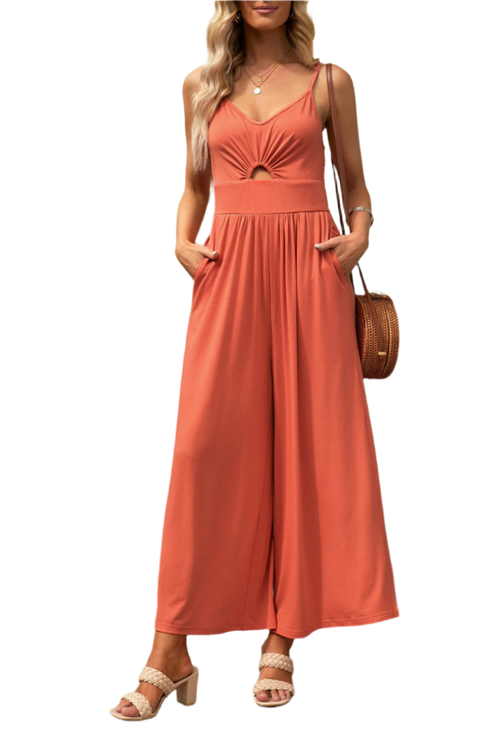 Smocked Spaghetti Strap Wide Leg Jumpsuit