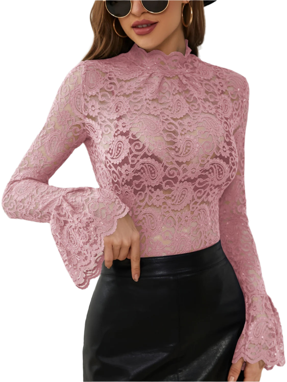 Mock Neck Long Sleeve Lace Top