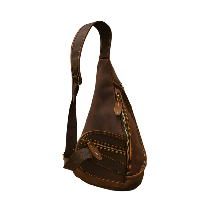 Men's Cowhide Leather Multi Zipper Chest Bag