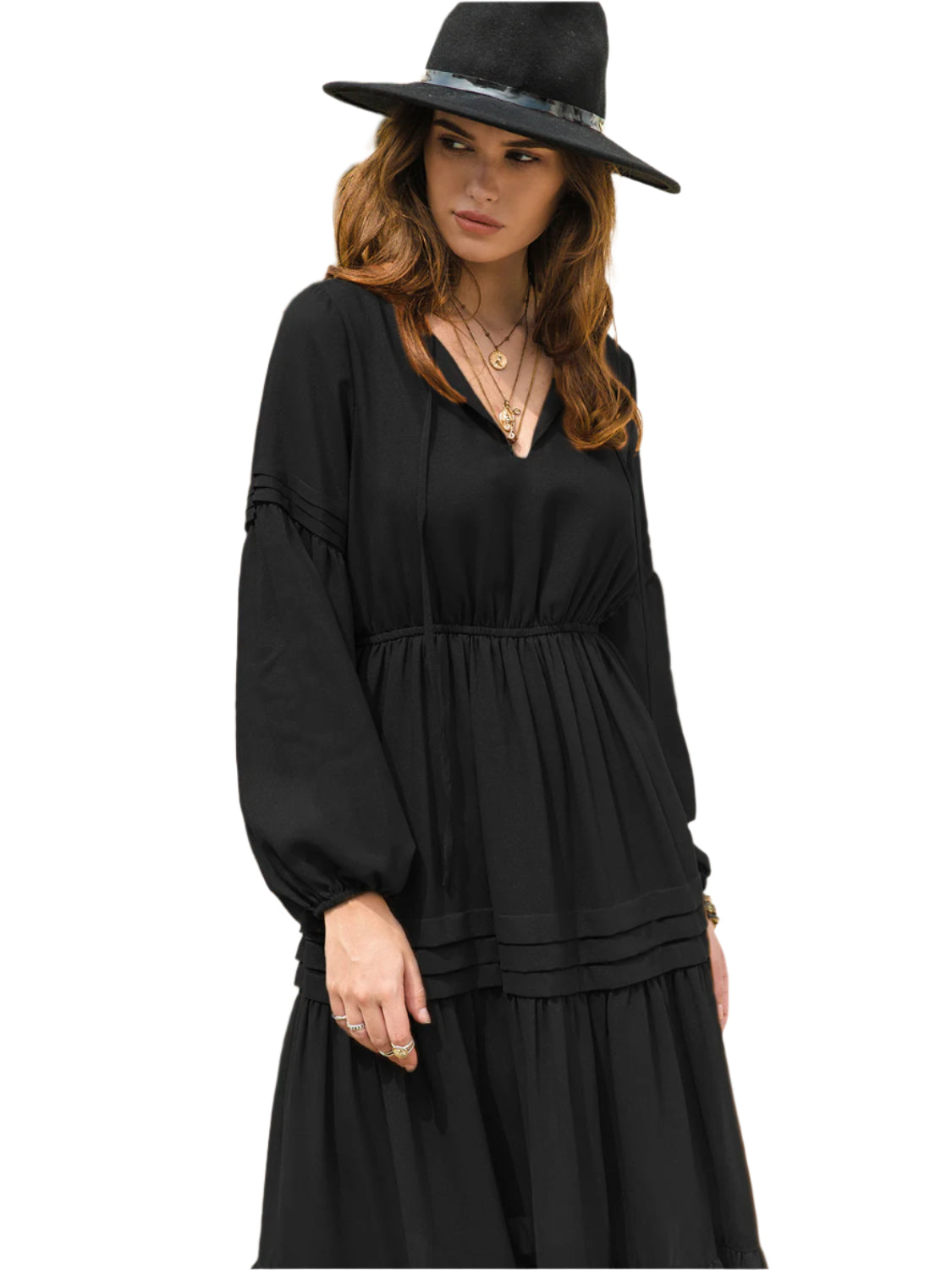 Tie Neck Long Sleeve Midi Tiered Dress
