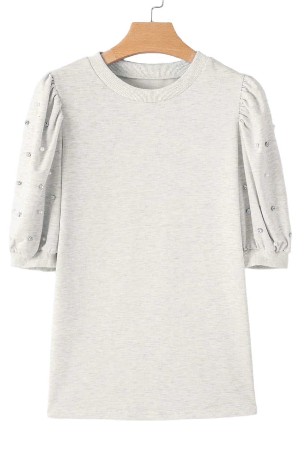 Rhinestone Pearl Detail Round Neck Puff Sleeve Top