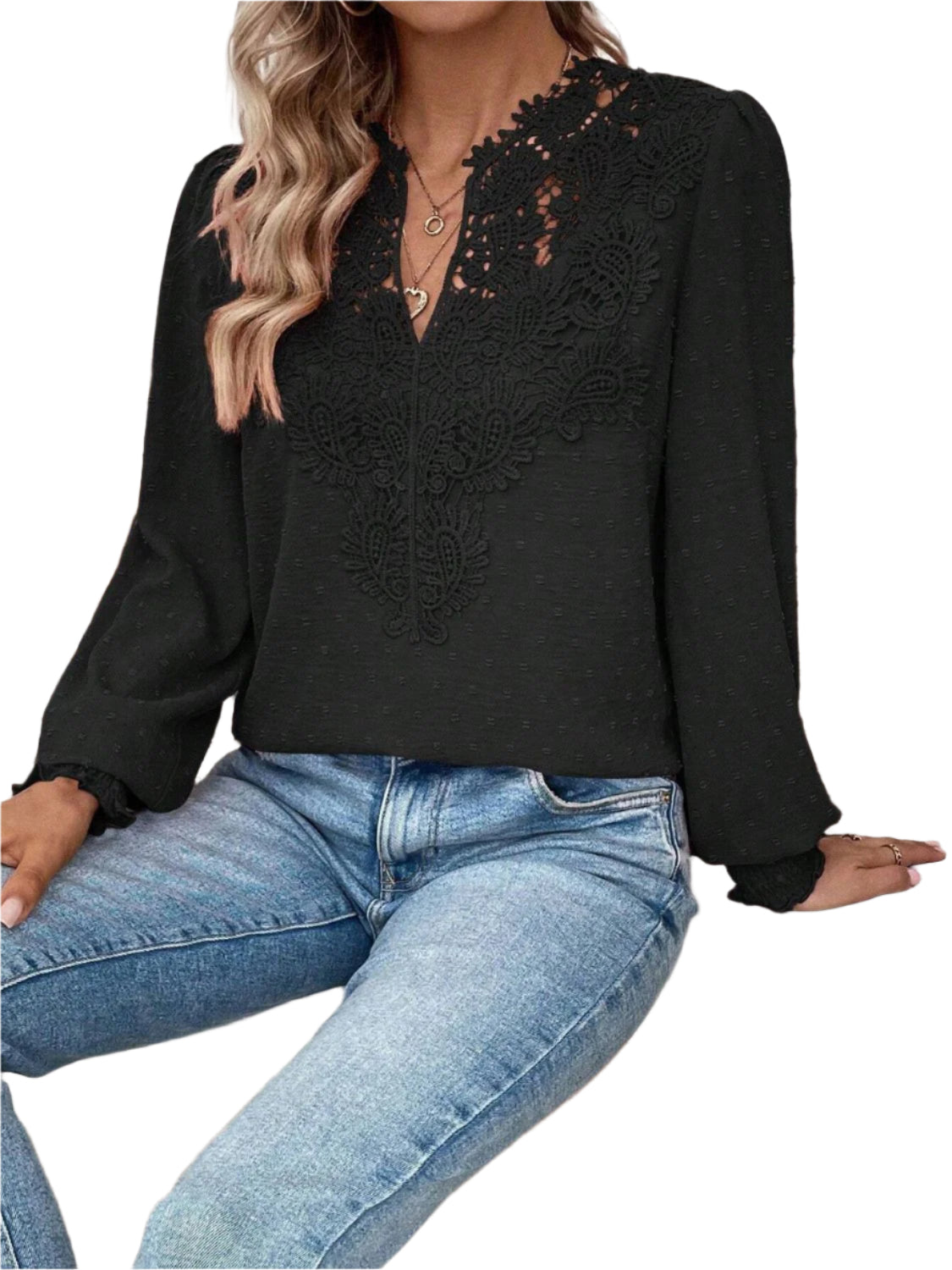 Swiss Dot Lace Detail Notched Long Sleeve Blouse
