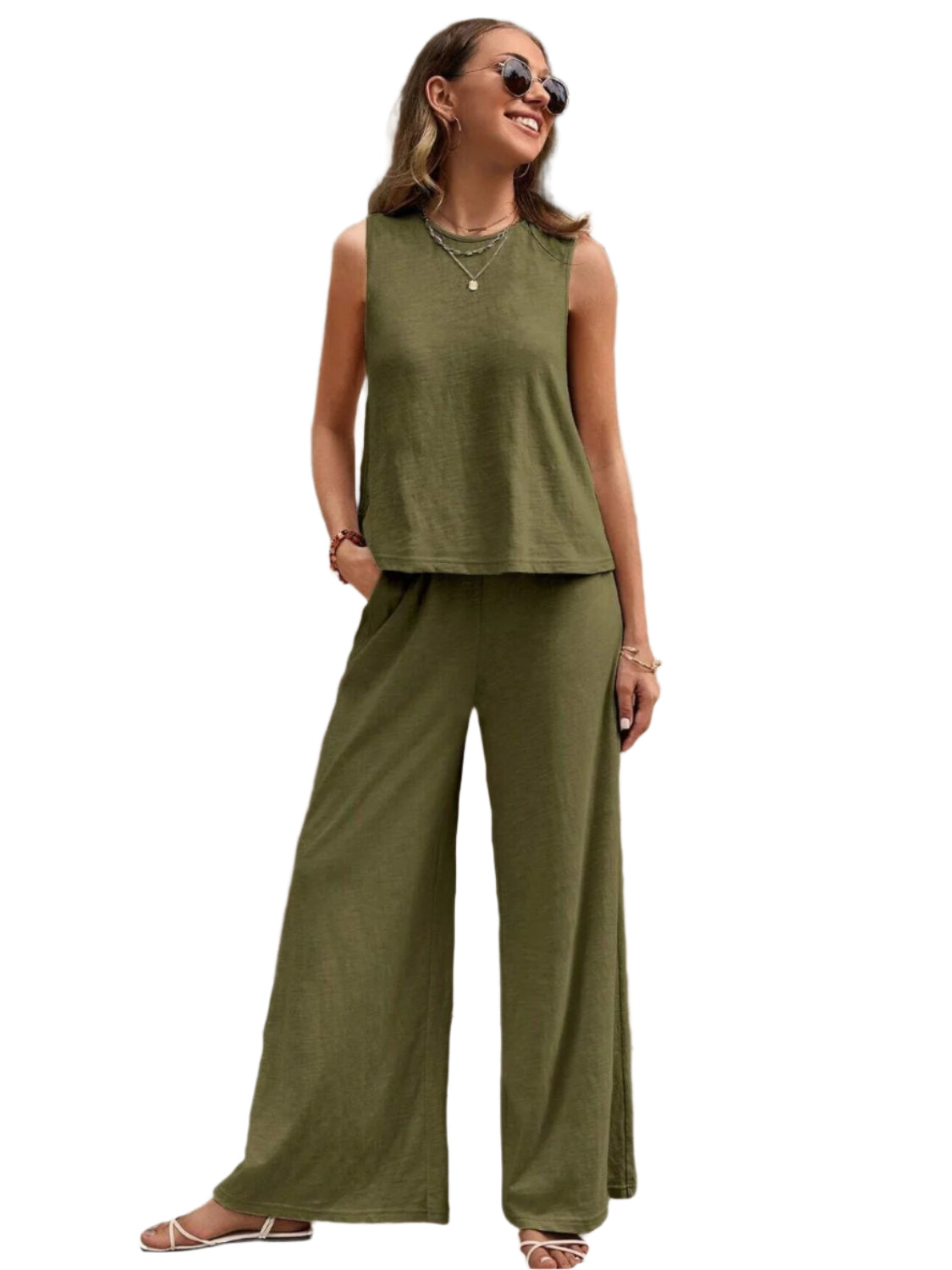 Round Neck Sleeveless Top and Wide Leg Pants Set