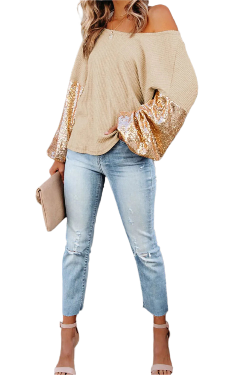 Sequin Waffle-Knit Blouse