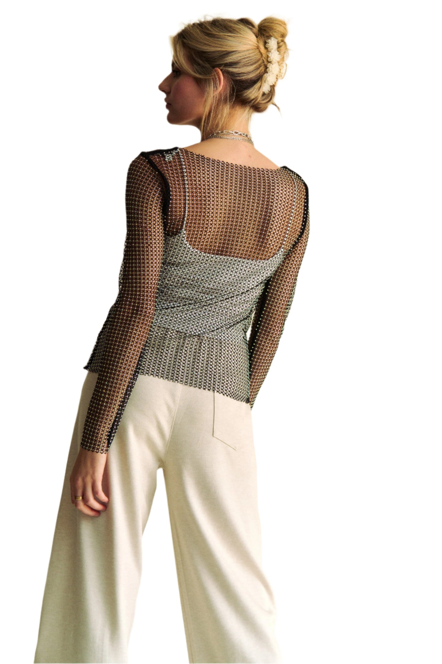 Davi & Dani Sparkling Rhinestone Sheer Mesh Round Neck Top