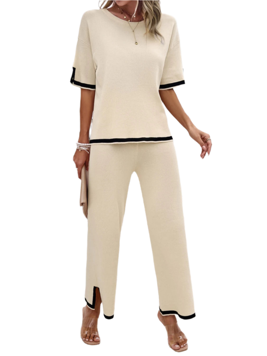Devine Contrast Trim Round Neck Top and Pants Set