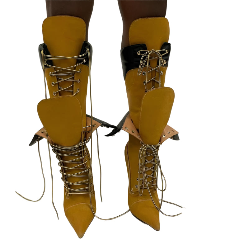 Double Layer Lace Up High Heel Boots