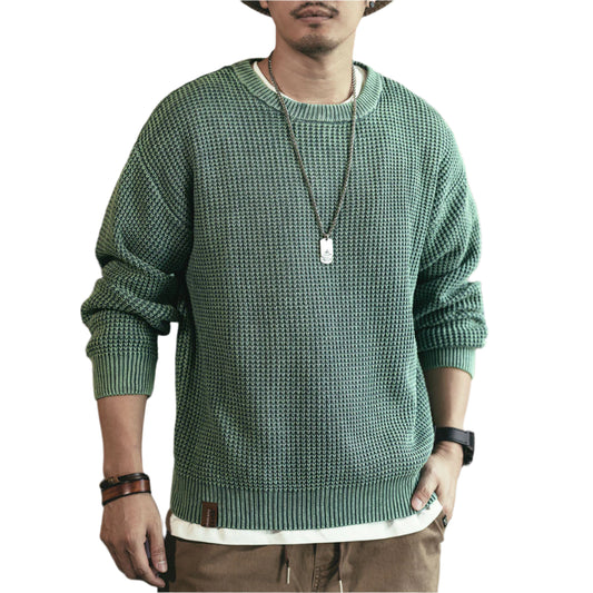 Men's Waffle Thick Needle Washed Round Neck Sweater