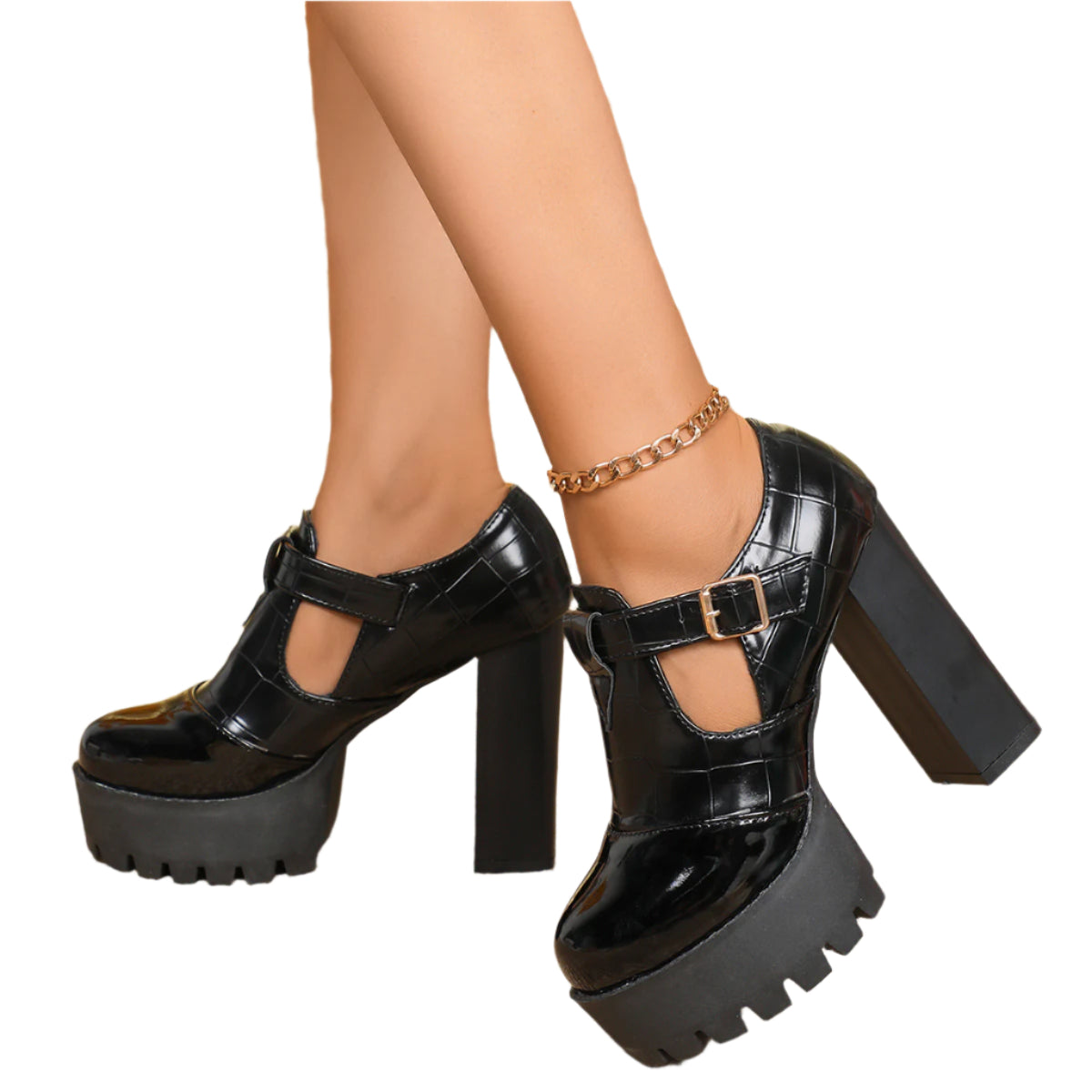 PU Patent Embossed Leather Mary Jane Chunky Heel Shoes