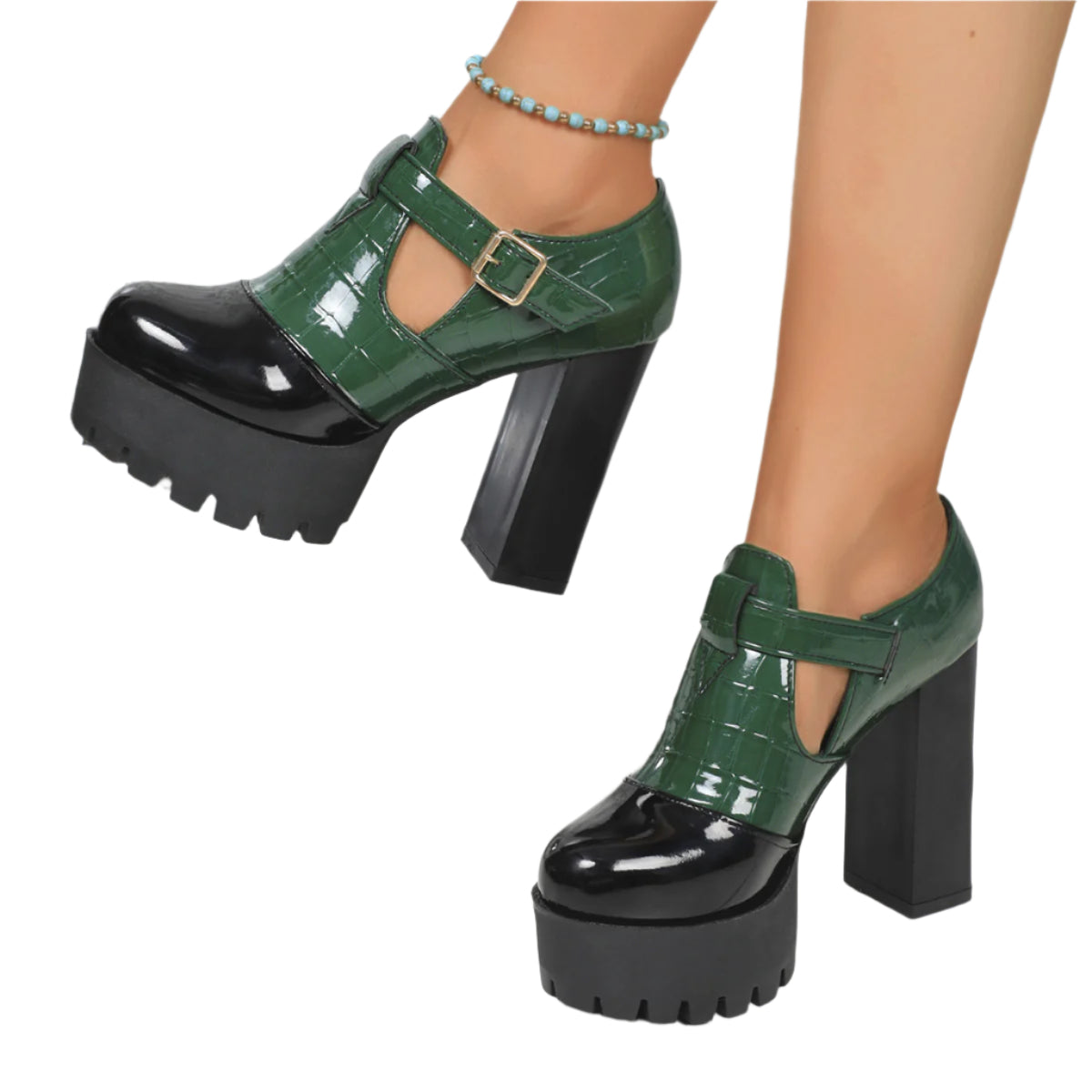 PU Patent Embossed Leather Mary Jane Chunky Heel Shoes