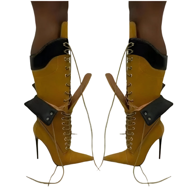 Double Layer Lace Up High Heel Boots