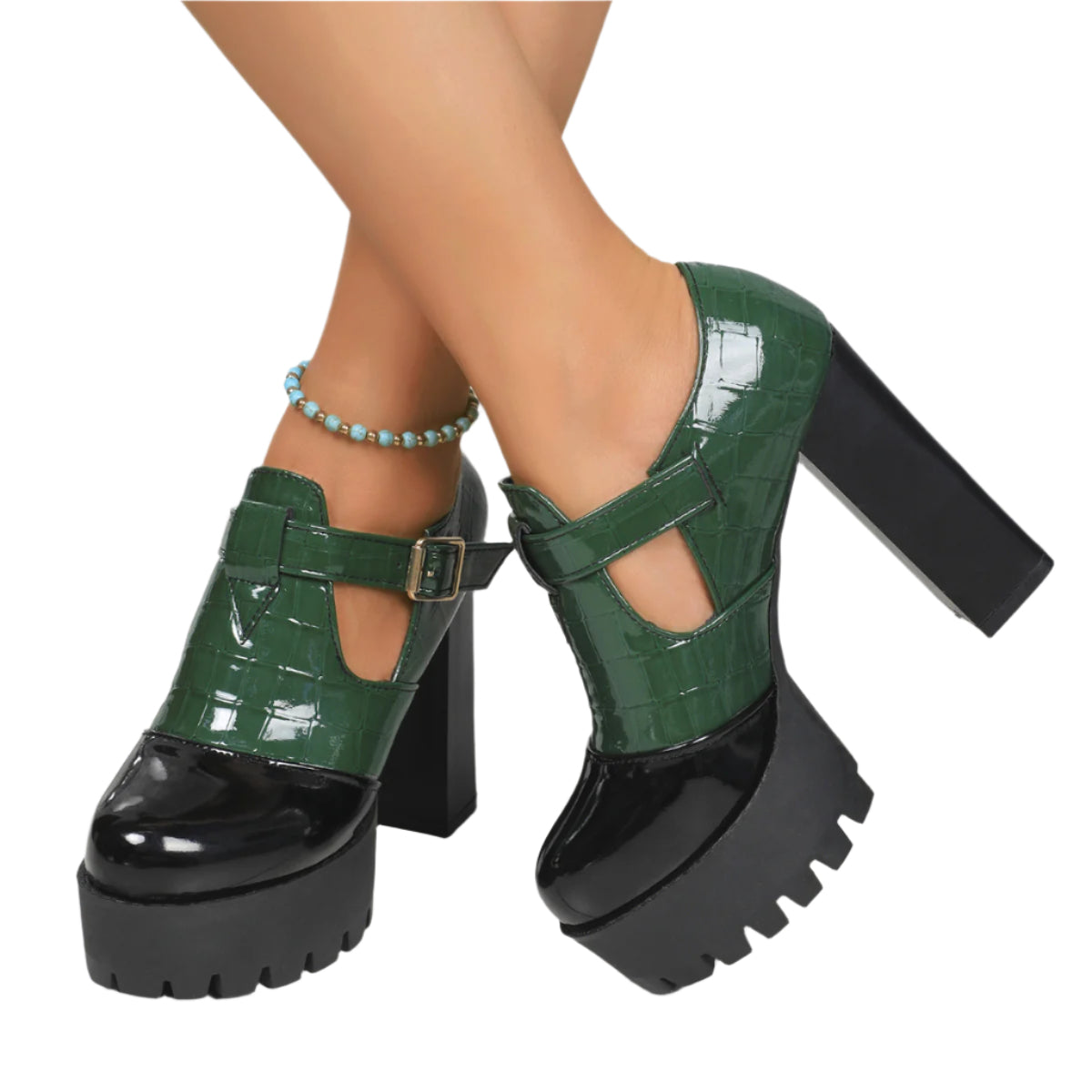 PU Patent Embossed Leather Mary Jane Chunky Heel Shoes