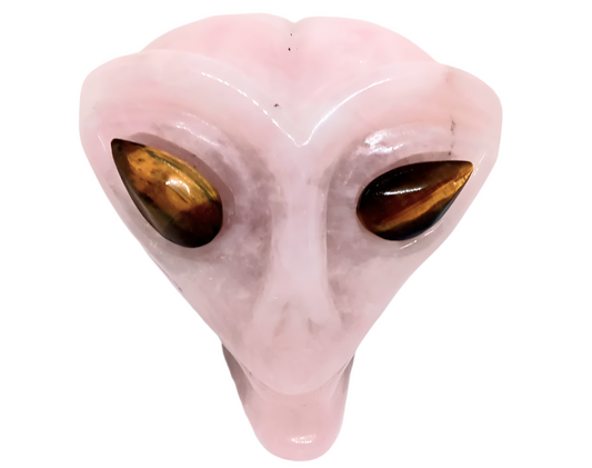 495G Rose Quartz Crystal Alien Head with Tiger Eye Eyes