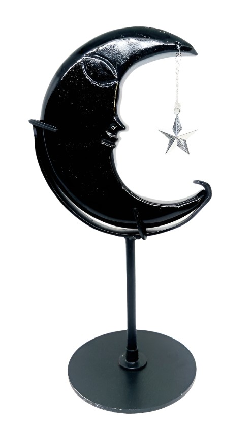 Obsidian Crystal Moon with  Metal Stand