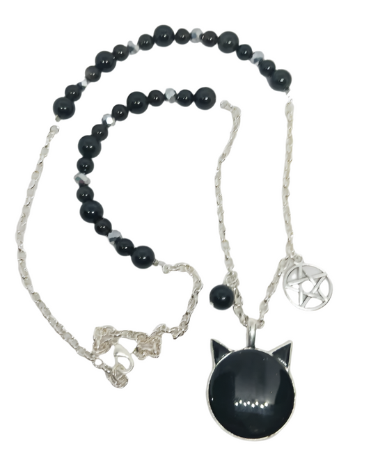 Black Cat Mini Scrying Mirror Necklace