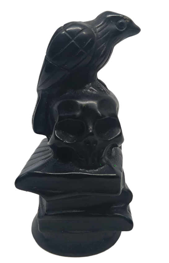 Obsidian Crystal Raven on Skull and Magic Books Carving