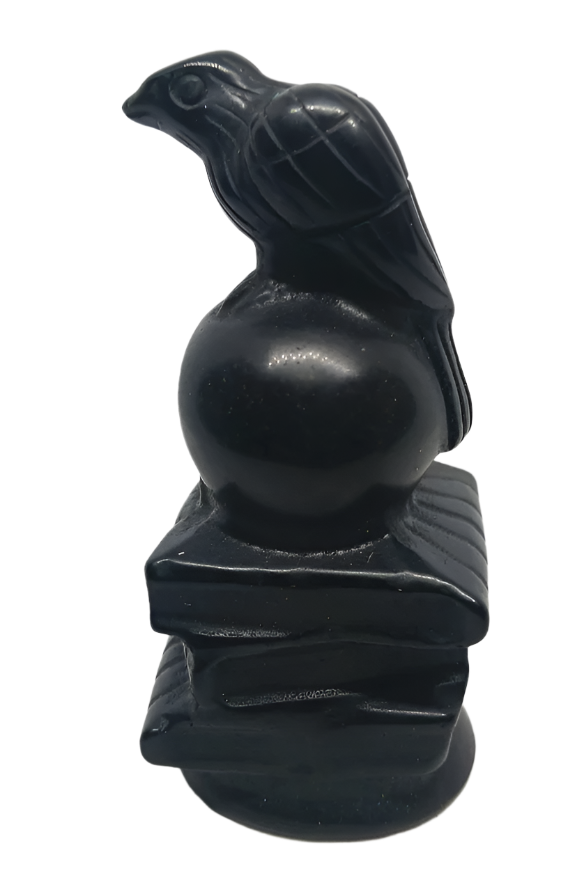 Obsidian Crystal Raven on Skull and Magic Books Carving