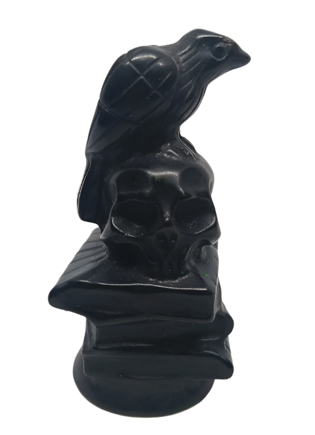 Obsidian Crystal Raven on Skull and Magic Books Carving