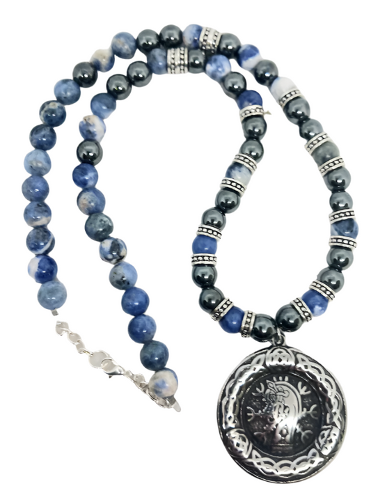 Stainless Steel Double Sided Jormungandr and Yggdrasil Necklace with Sodalite Crystal